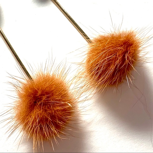 Faux Fur Pom Ball Linear Drop Gold Tone Earrings - Picture 5 of 8